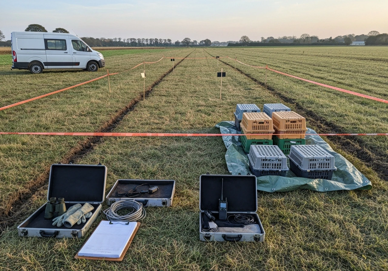 Minimal outdoor staging area for a controlled bird cull, showing gear and vehicle in a fenced zone