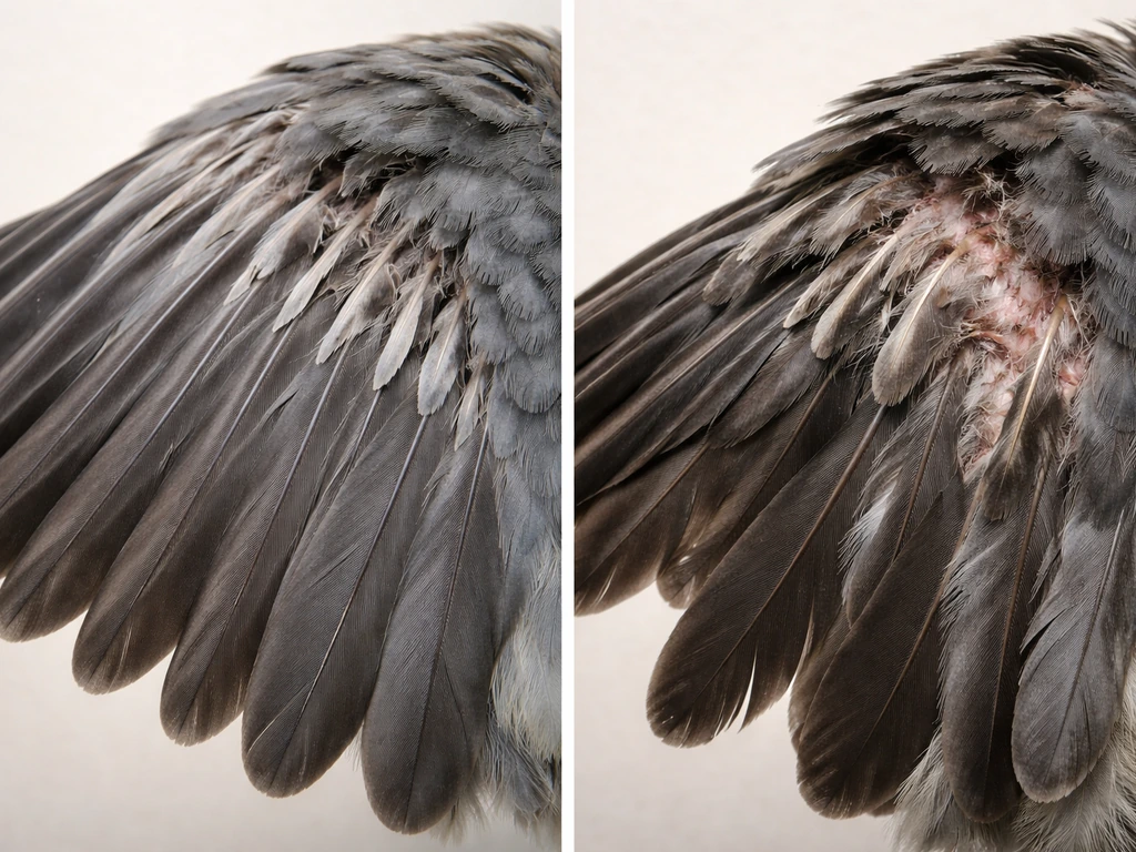 Two close-up views of a bird wing: one showing even pin-feather growth, the other patchy damaged feathers.