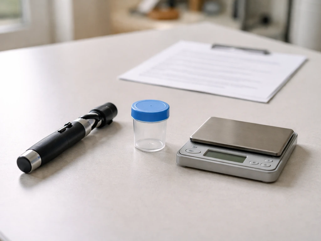 Avian vet exam tools and a small diagnostic checklist on a clinic table for long-term care planning.