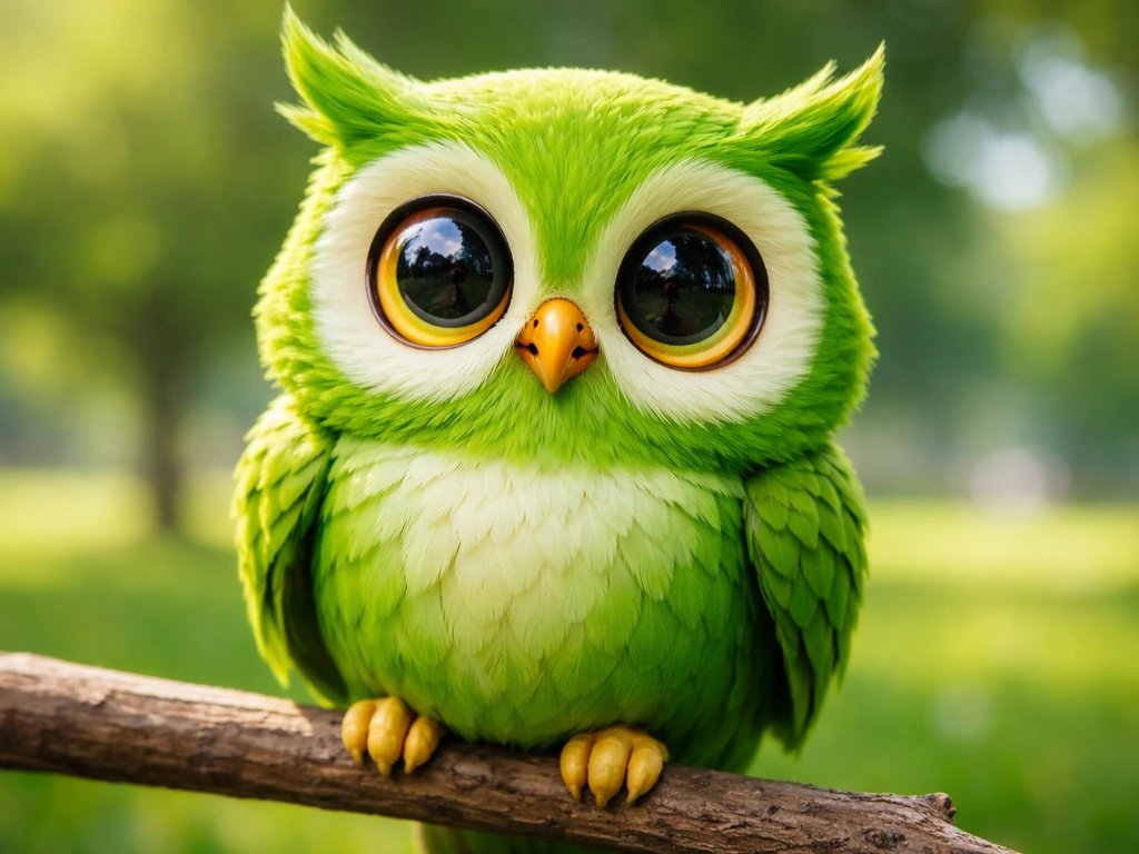 Close-up of a vivid green owl mascot perched on a branch, softly blurred background