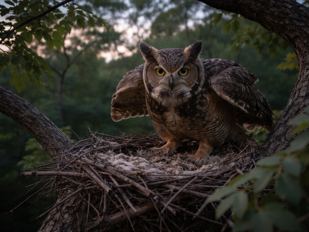 Large owl perched by a backyard nest, protective posture during nesting season