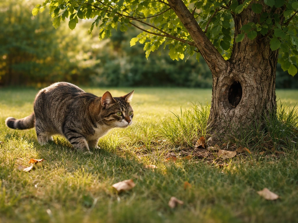 A lone house cat outdoors near a leafy yard beside a tree hollow that could hold a bird nest