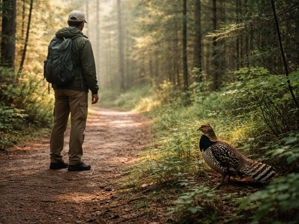 Cautious hiker at a safe distance from a vivid bird on a forest trail, suggesting wildlife safety.