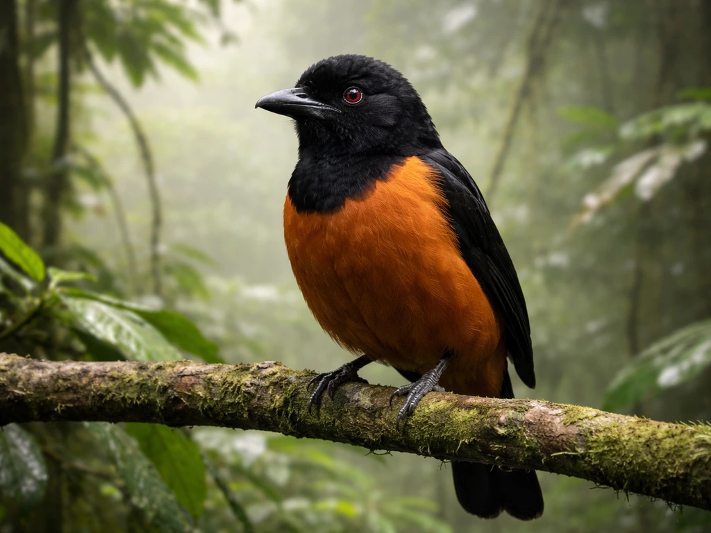 Hooded pitohui perched on a rainforest branch with dark hood and warm plumage, softly lit background.