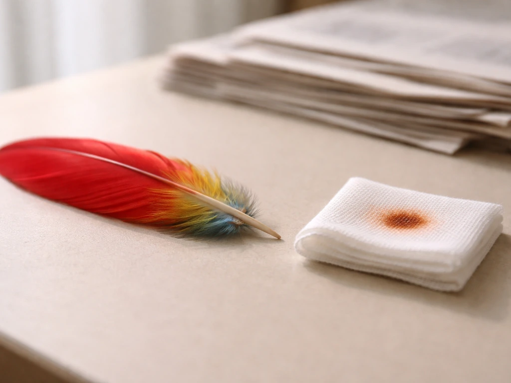 A close-up of a red parrot feather beside a shallow wound bandage on a plain table, suggesting bite myths.