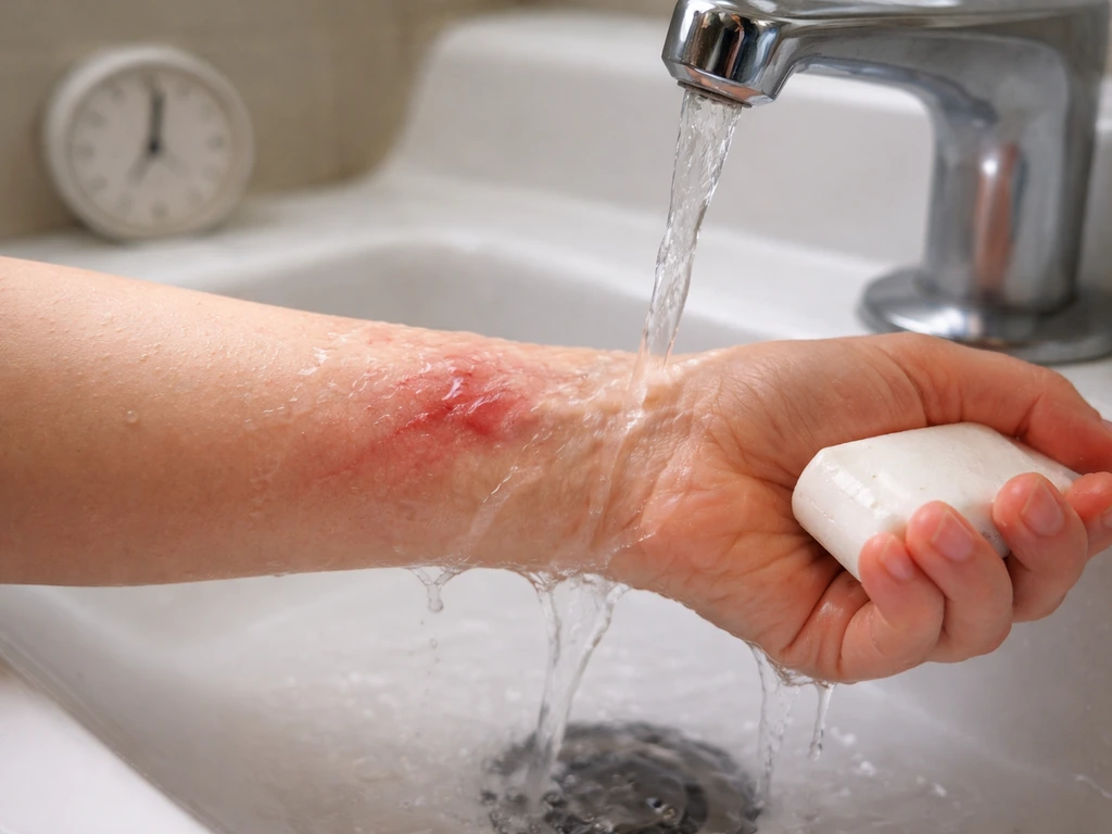 Close-up of a bite/scratch being rinsed under running water with soap at a sink.