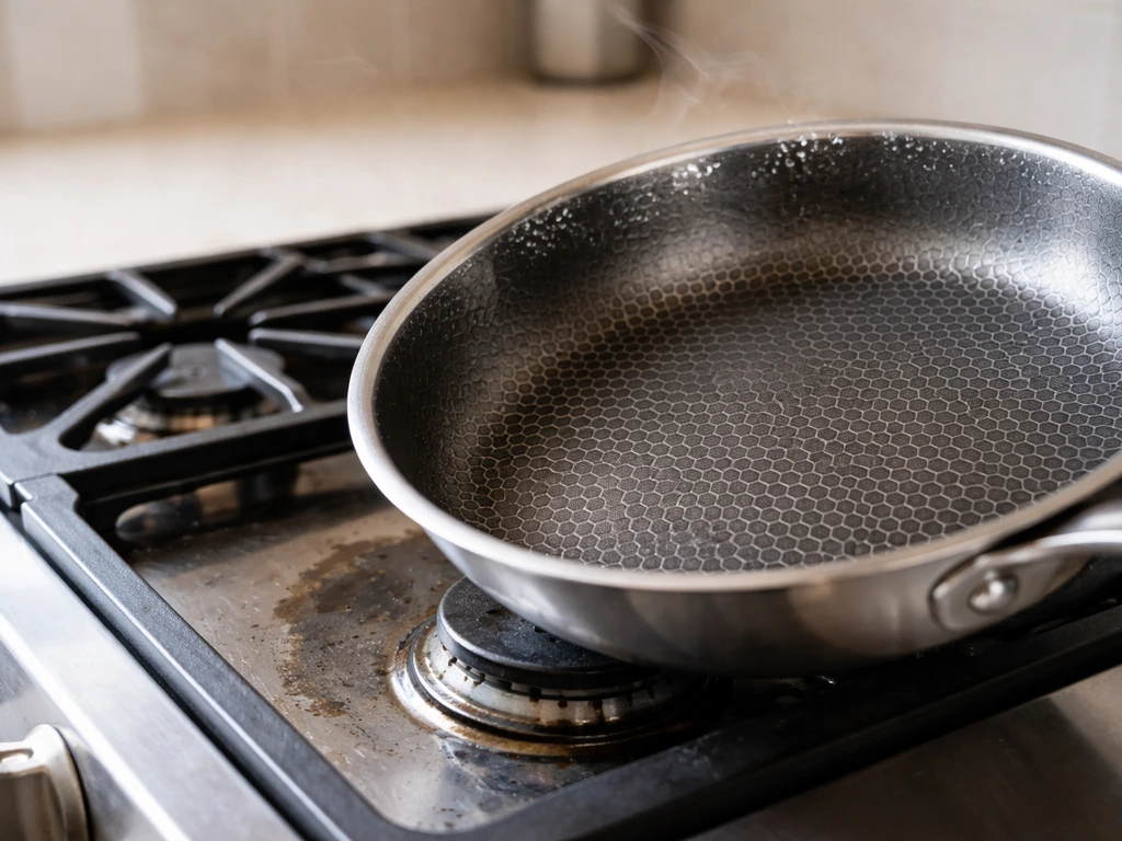 Close-up of a hex-pattern cooktop with faint steam and tiny splatter droplets near the stovetop.