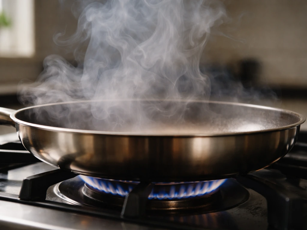 Low bird-height view of an overheated frying pan with smoke rising, emphasizing smoke near the heat source.