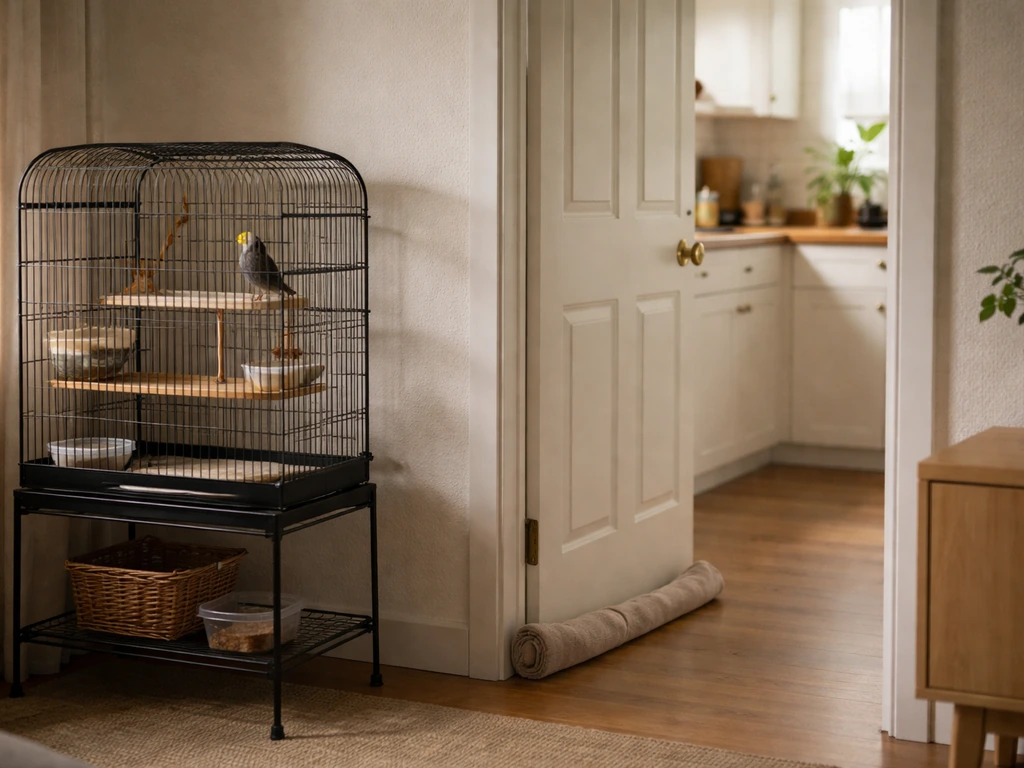 Pet bird cage in a living-room corner separated by a closed door and towel air-gap from the kitchen.