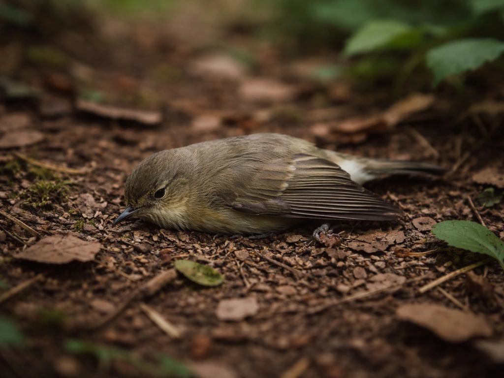 Small bird motionless on a forest floor among leaves, illustrating likely injury risk without graphic detail.