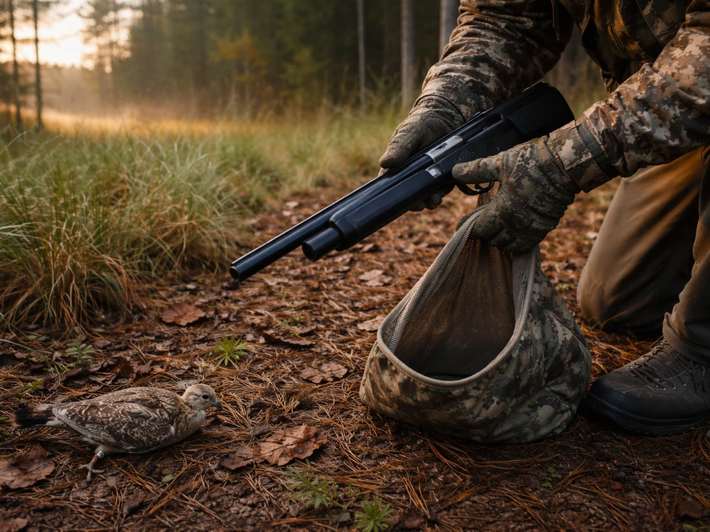 Gloved hands safely clearing a firearm while preparing to place a downed bird into a cloth container.