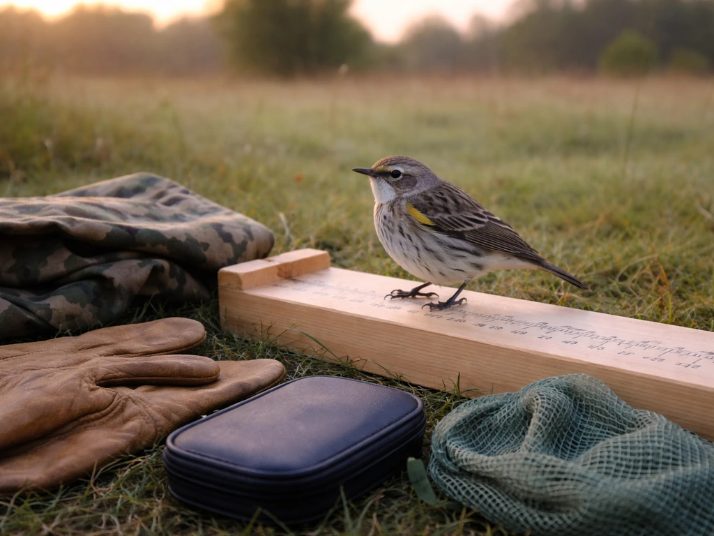 Close-up of a banded songbird near open field gear, with safe research equipment in a minimal outdoor setting.