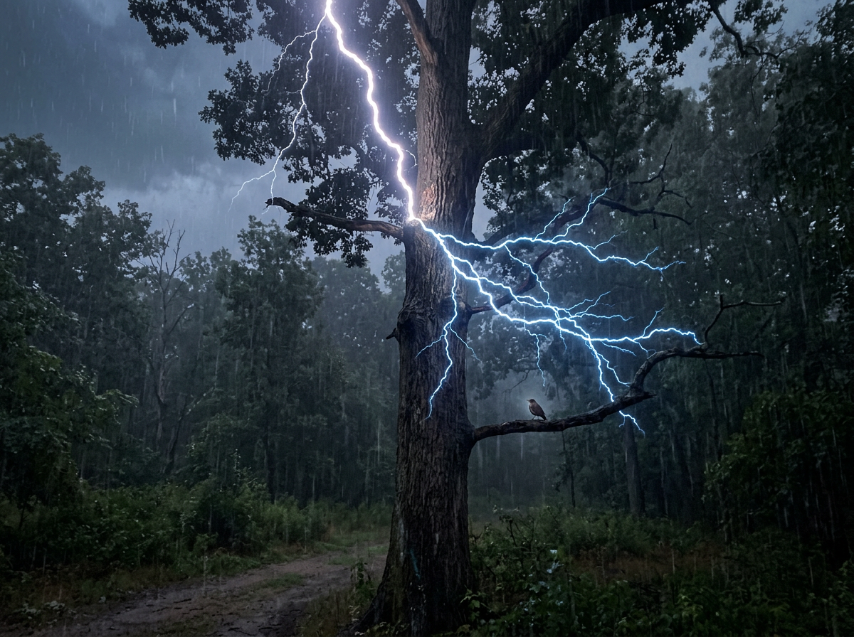 Side flash concept: lightning strikes a tall tree and energy arcs to a nearby bird