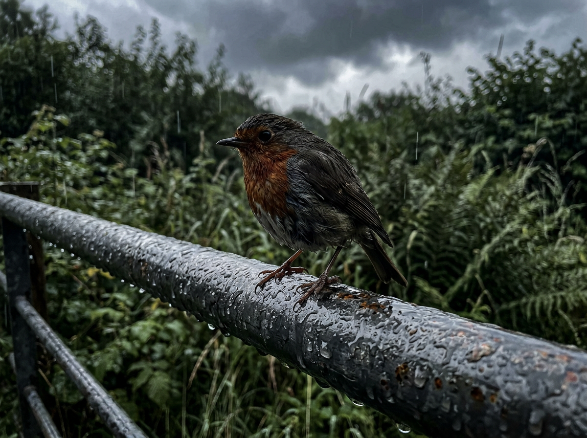 Lightning contact risk: bird on a wet metal fence during storm