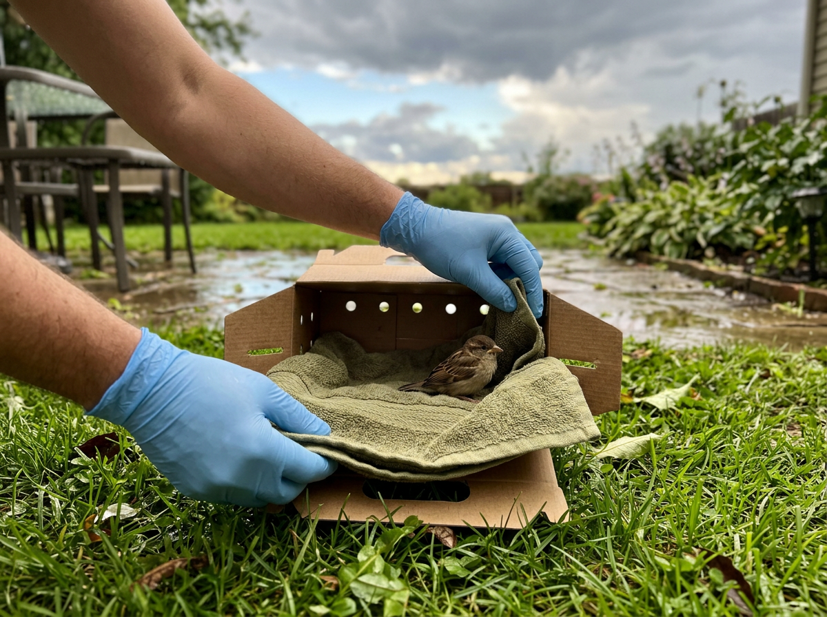 Rescuing a lightning-affected bird after the storm: safe approach and carrier prep
