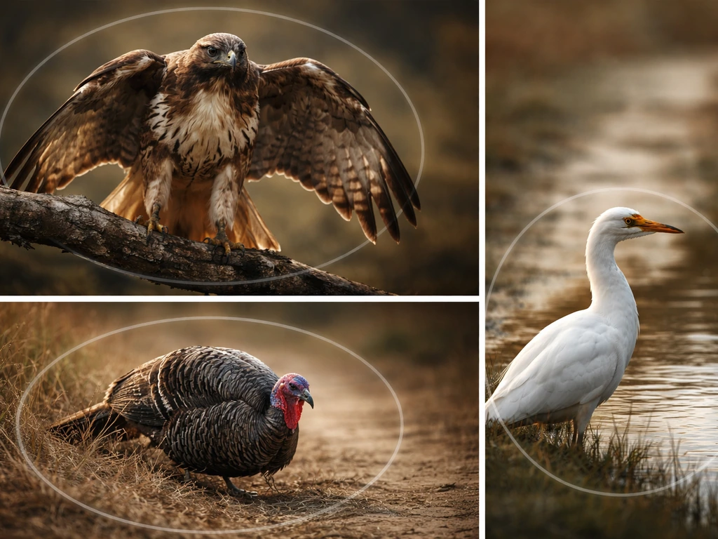 Cinematic montage of three birds—raptor, large ground bird, and waterfowl—with subtle distance halo cues.