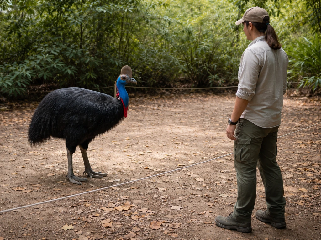 A southern cassowary stands in an enclosure near a handler, emphasizing safe human proximity.