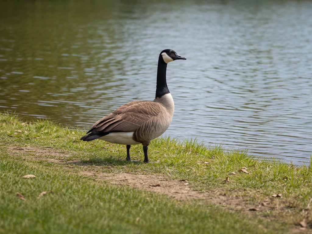 Canada goose standing alert on a grassy shoreline by a pond, suggesting protective nesting behavior.