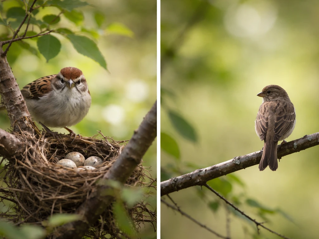 A small bird near a nest in a quiet yard, contrasted with another bird farther away with alert, non-threatening posture