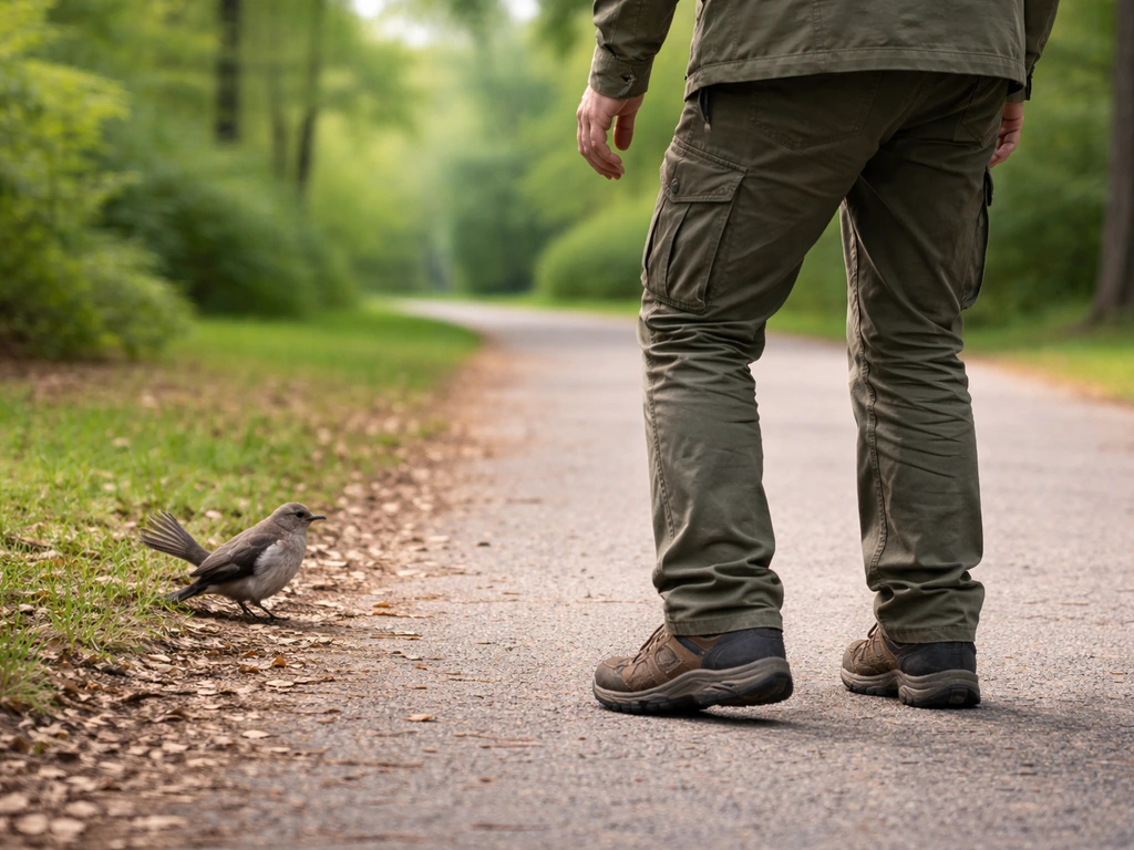 Person in outdoor shoes slowly backing away from an aggressive bird while keeping safe distance