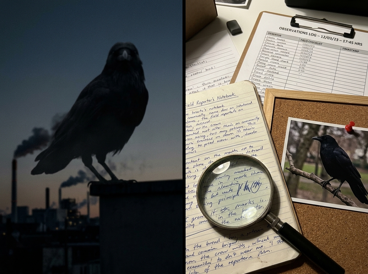 Myth silhouette contrasted with evidence materials and field documentation details.