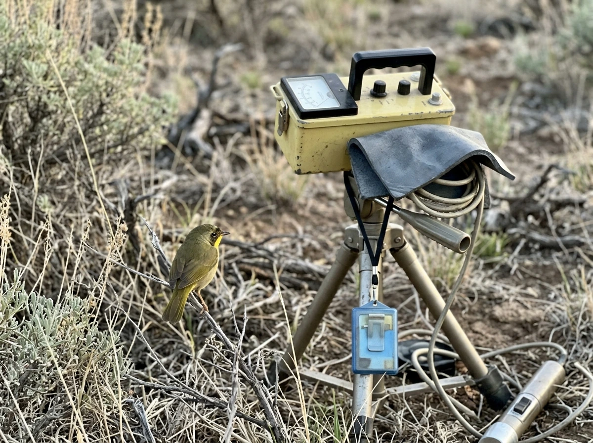 A bird near real radiation-monitoring equipment in the field.
