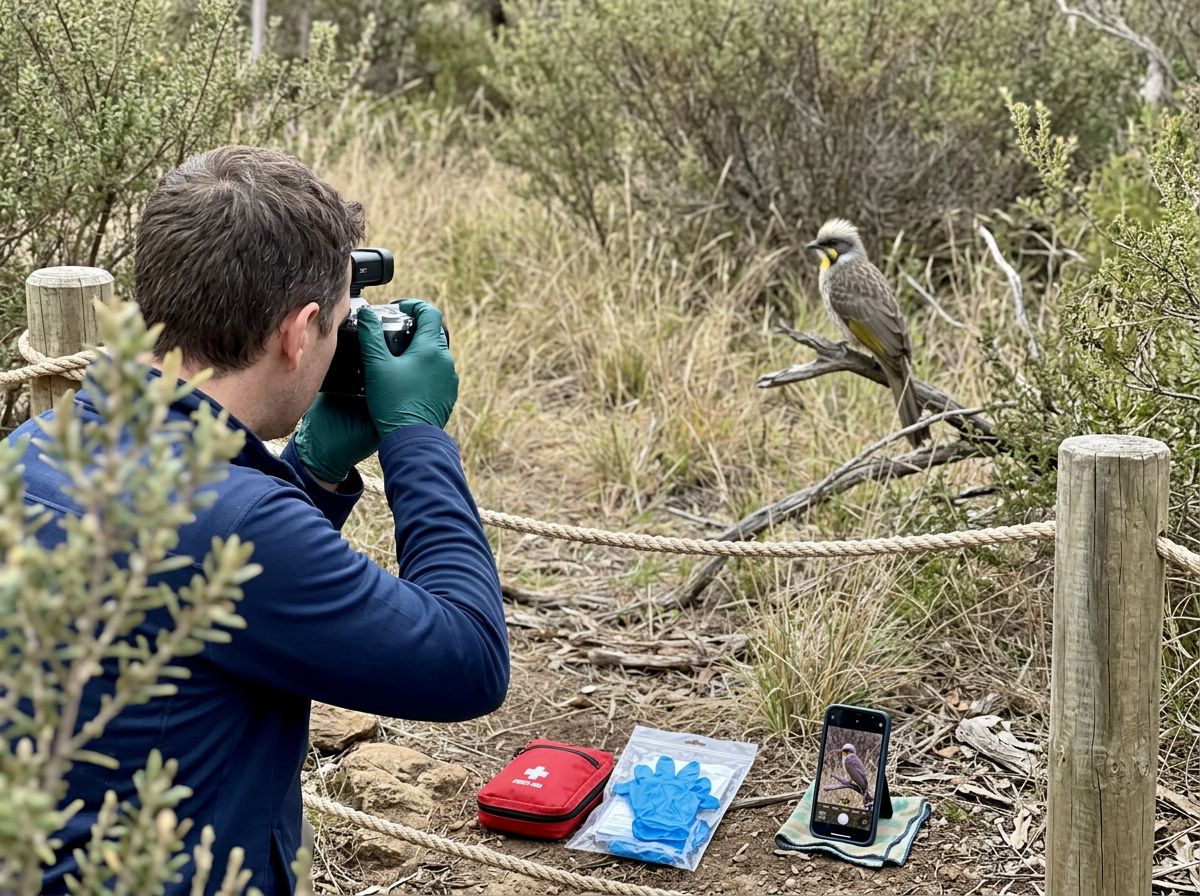 Safe observation setup with camera and gloves while documenting an unusual bird.