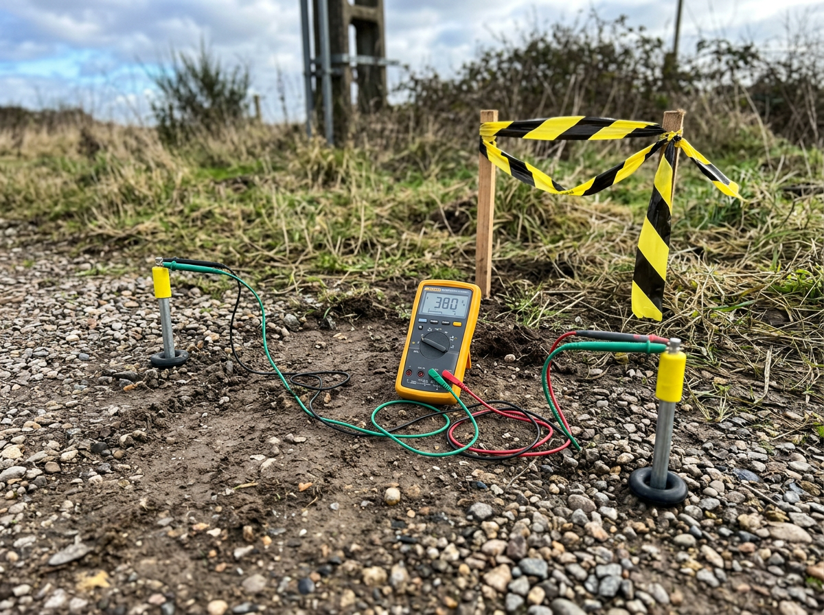 Two ground points spaced apart to illustrate voltage difference from step potential.