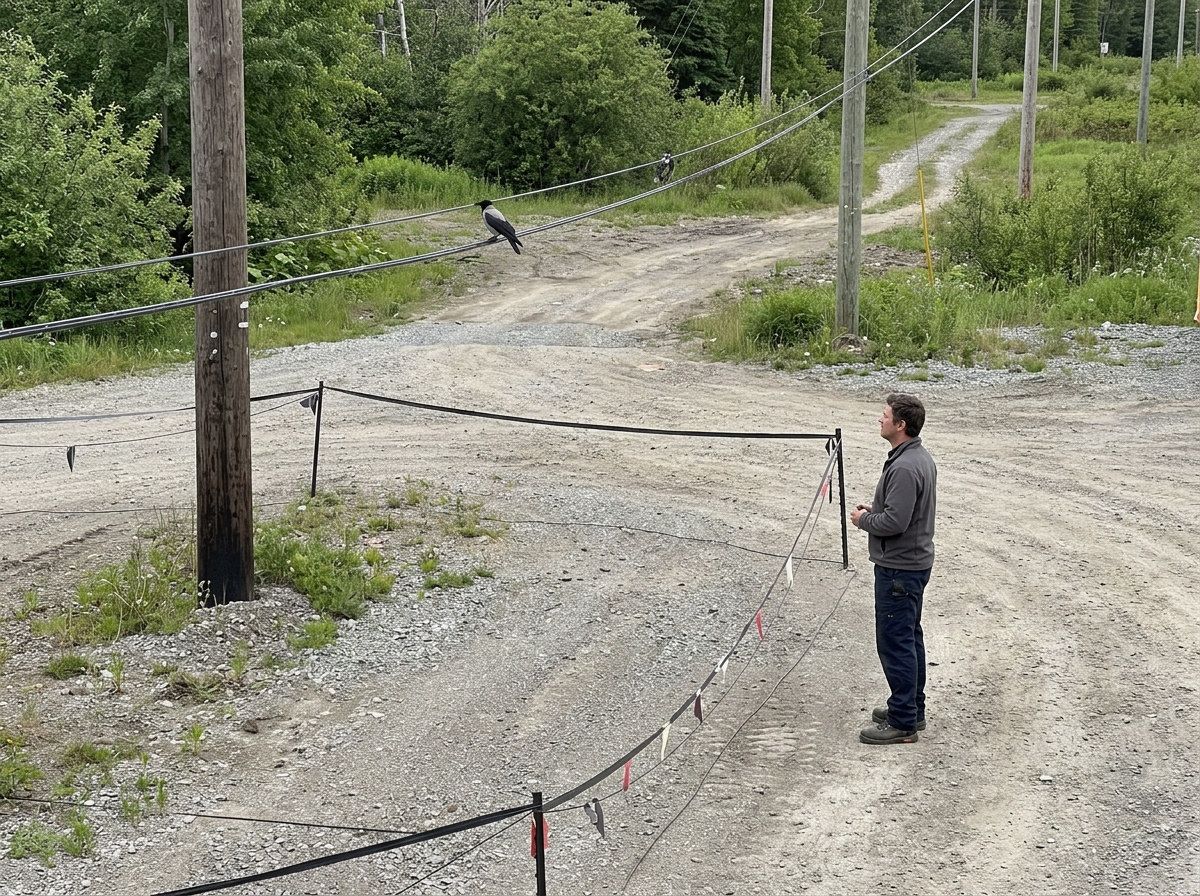 Bird near power lines with a person kept well back for safety.