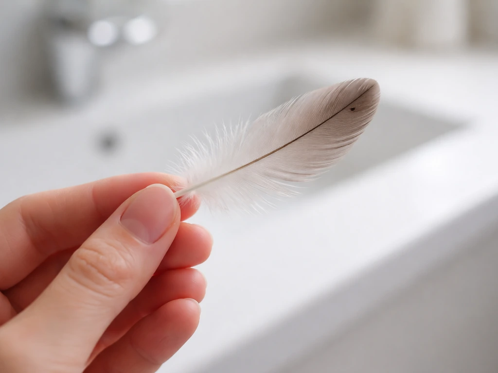 A clean, dry feather held between fingertips against a plain light background.