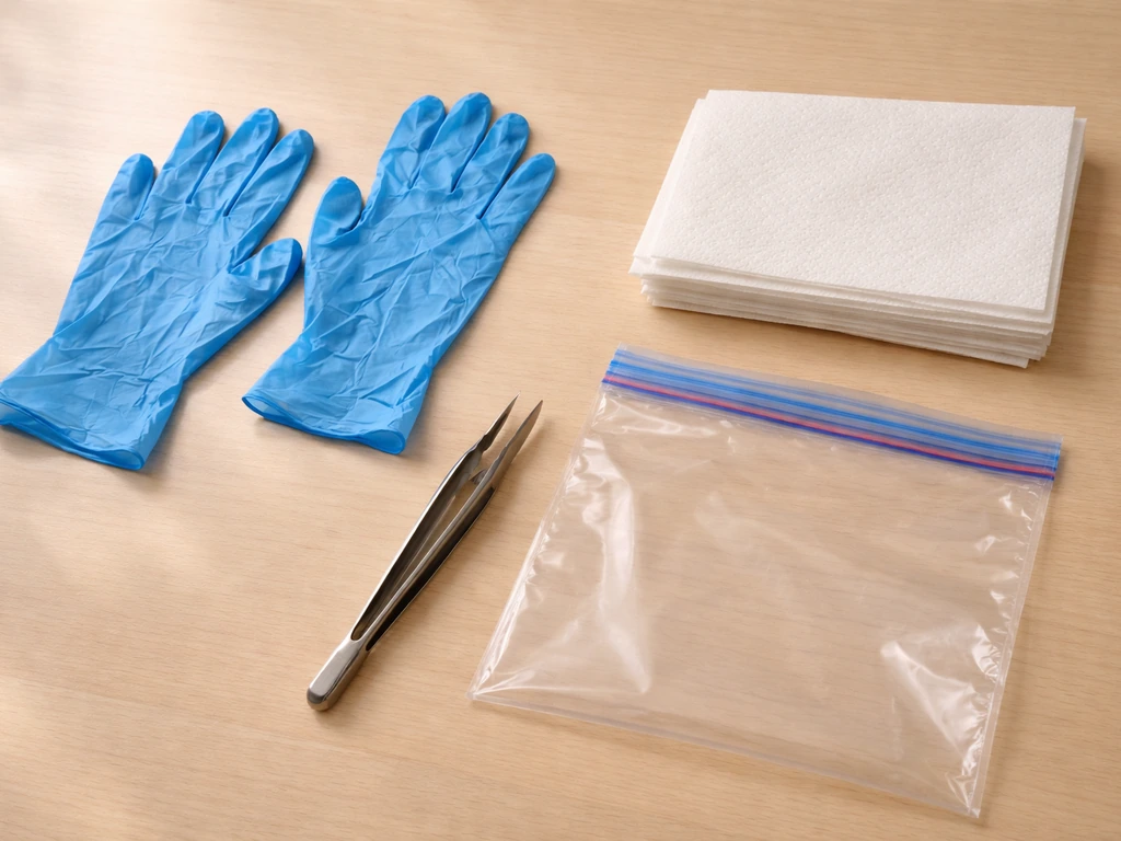 Gloves, paper towels, sealable plastic bag, and feather-handling tongs laid out on a clean surface