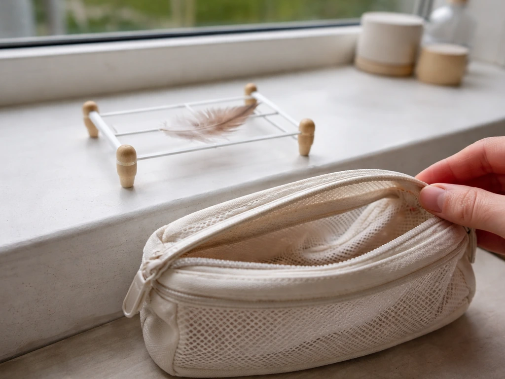 A small feather air-drying on a simple rack, then placed into a breathable storage container.
