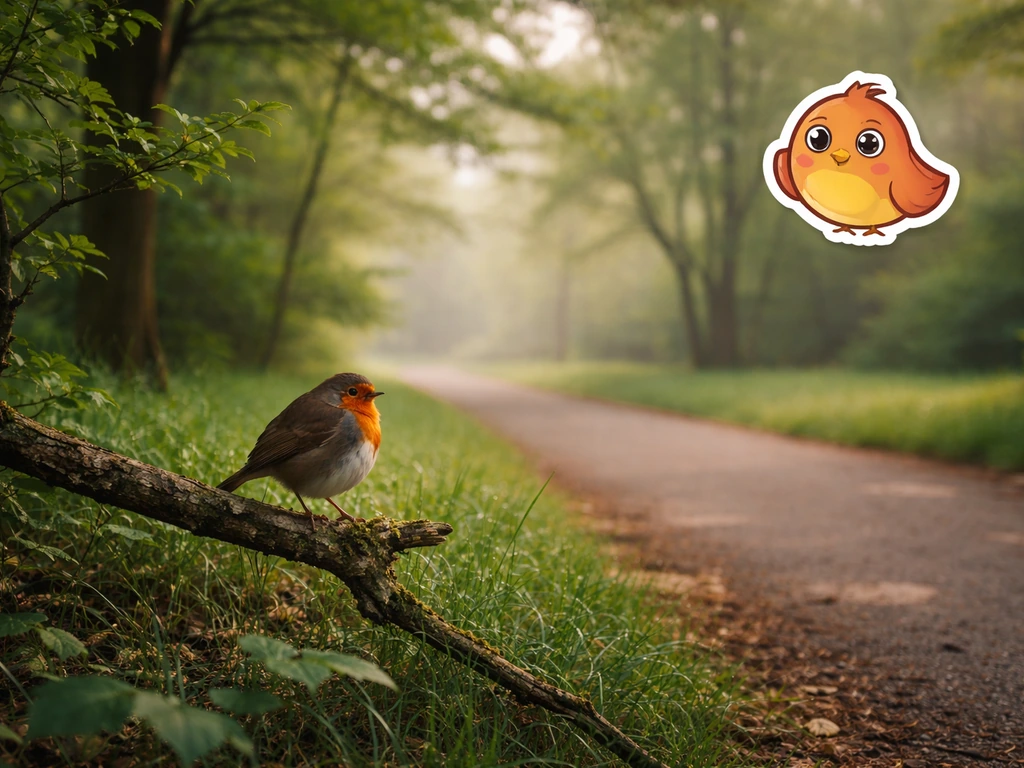 Calm park with a small wild bird perched on a branch, peaceful non-violent safety contrast.