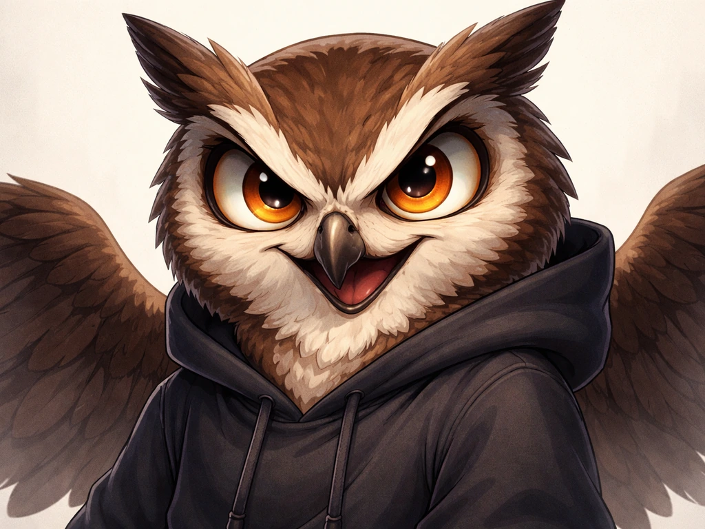 Close-up of a fictional owl mascot with mischievous grin on a plain background, hinting at playful “evil” vibes.