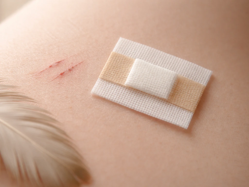 Close-up of minor scratches and a small bandaged wound on a clean surface, with a blurred feather edge.