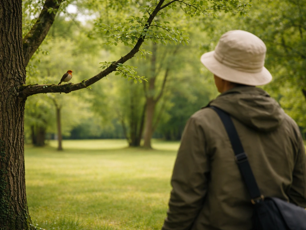 Person at a quiet park keeps distance from a small wild bird near a tree, using a hat as a barrier.