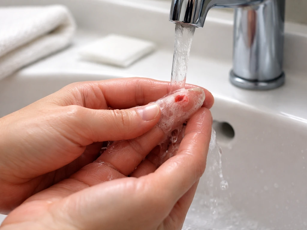 Close-up of hands cleaning a small puncture on a finger with soap and running water
