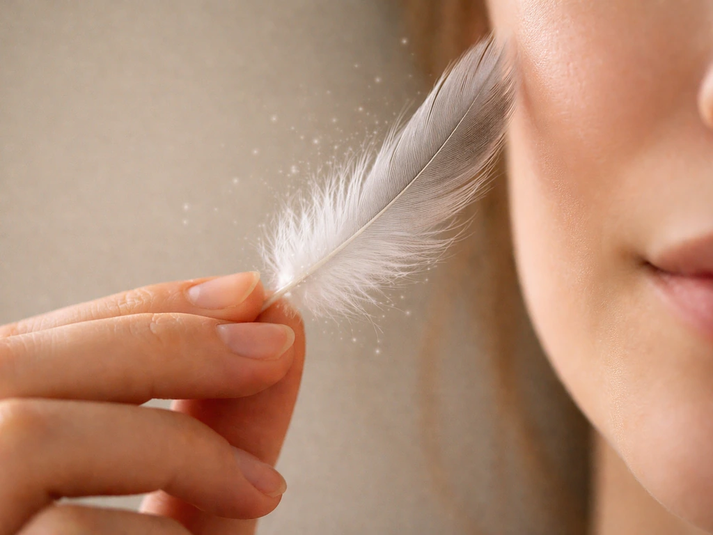 Close-up of a person’s hand holding a single feather near their cheek, showing subtle germ-like specks