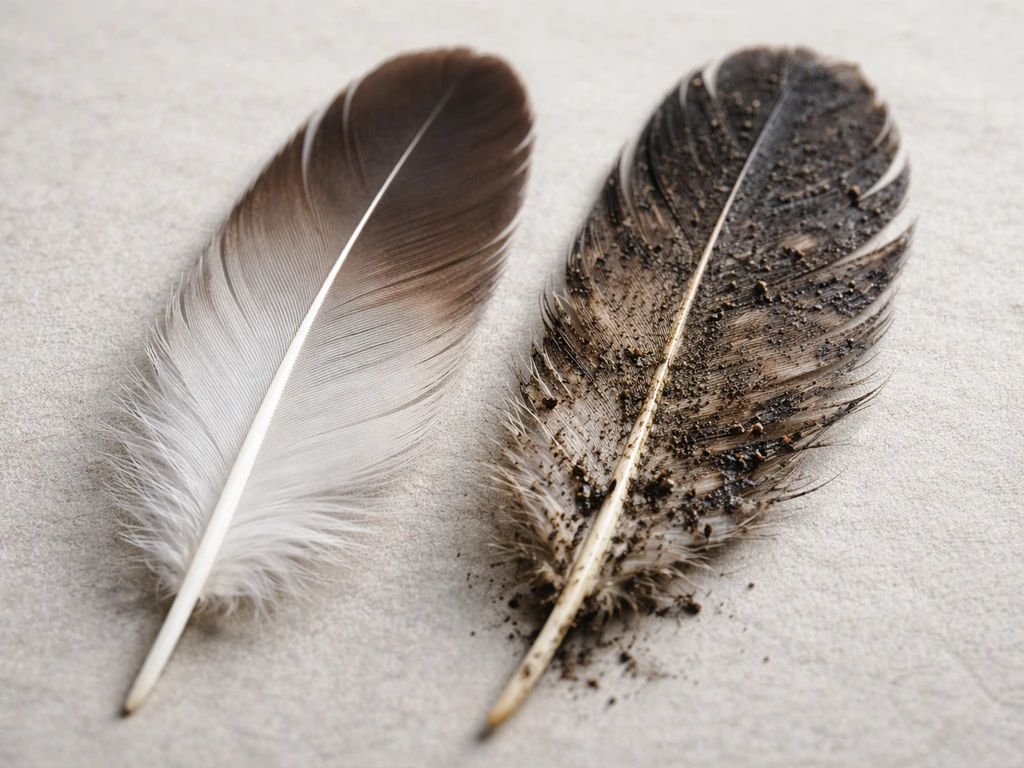 Side-by-side closeup of a clean, dry feather and a visibly soiled feather with dark grime.