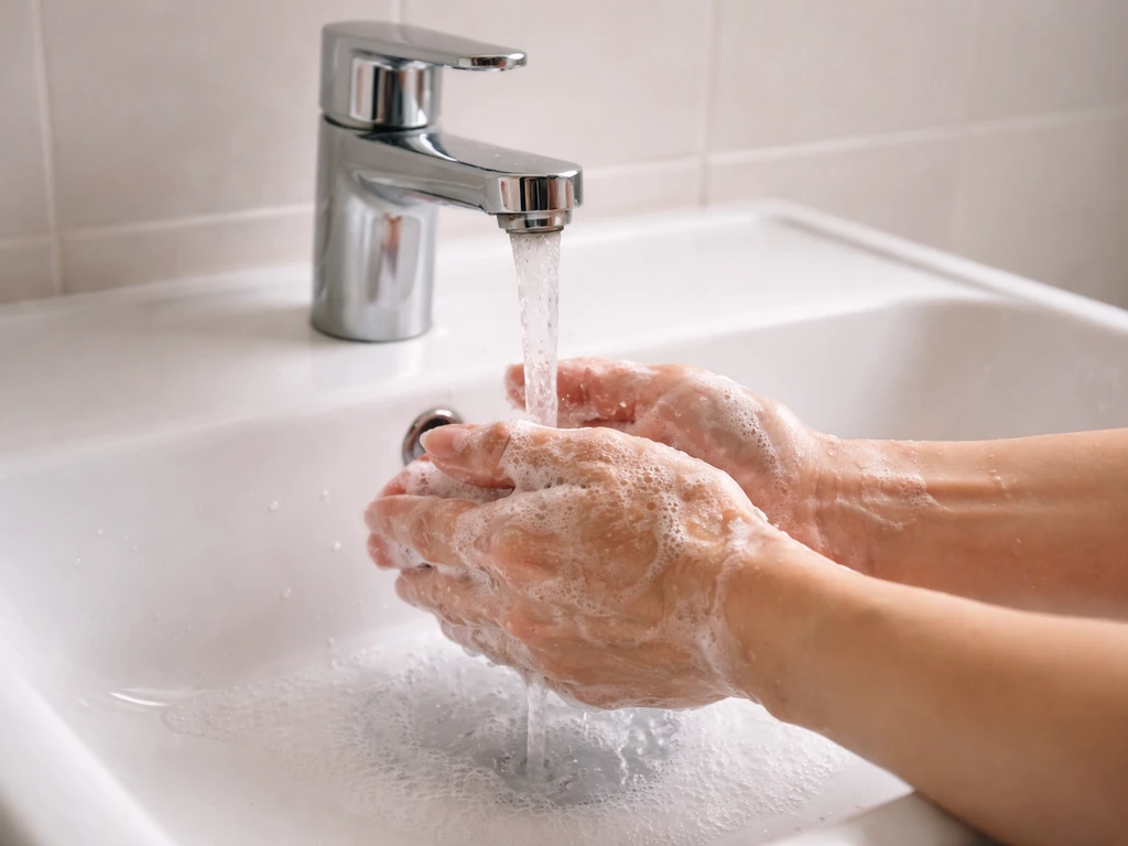 Person washing hands with soap and water at a bathroom sink right after handling a feather.