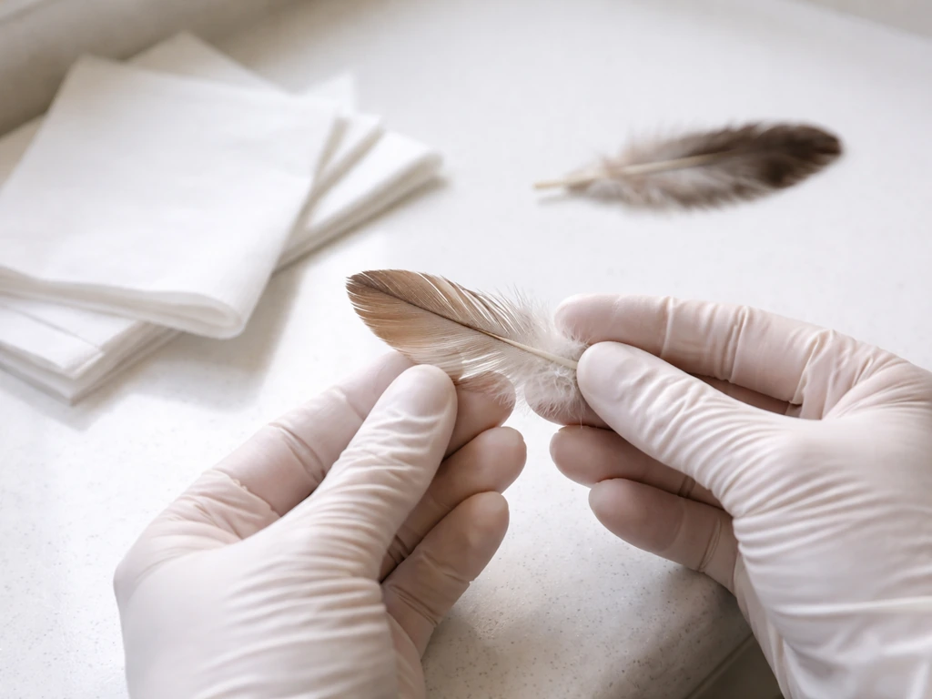 Clean gloved hands holding a dry feather with a slightly soiled feather nearby on a simple counter