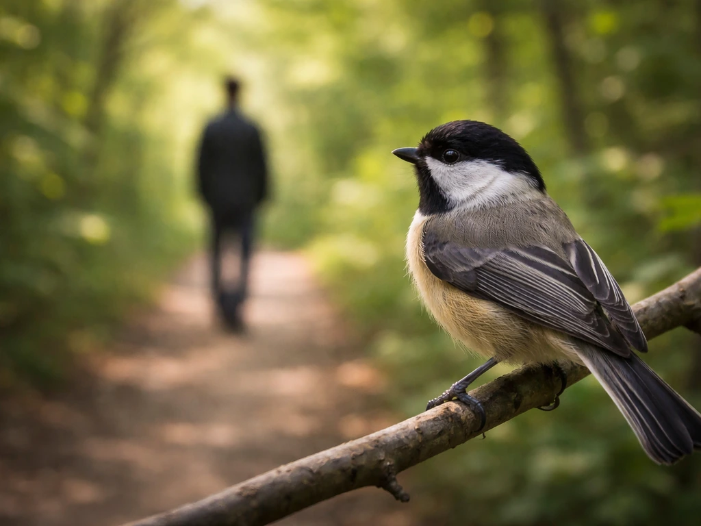 Close-up bird perched near a path, watching a distant human silhouette in natural light