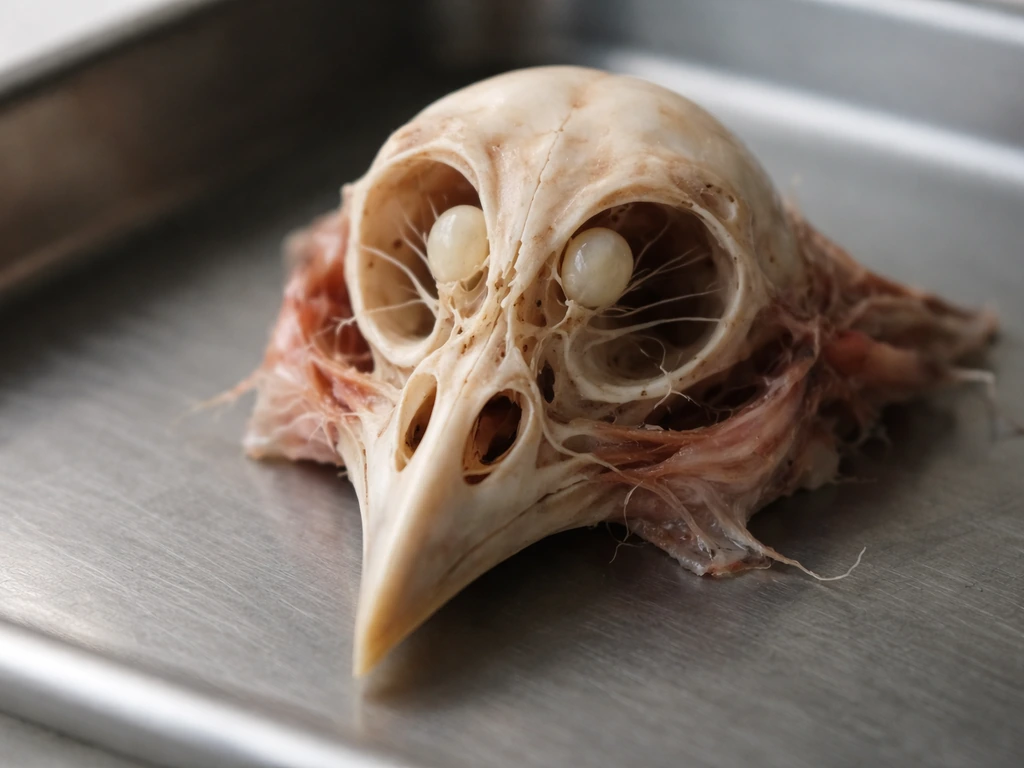 Macro view of an anonymous small bird skull anatomy hinting at olfactory bulbs and nasal turbinates.