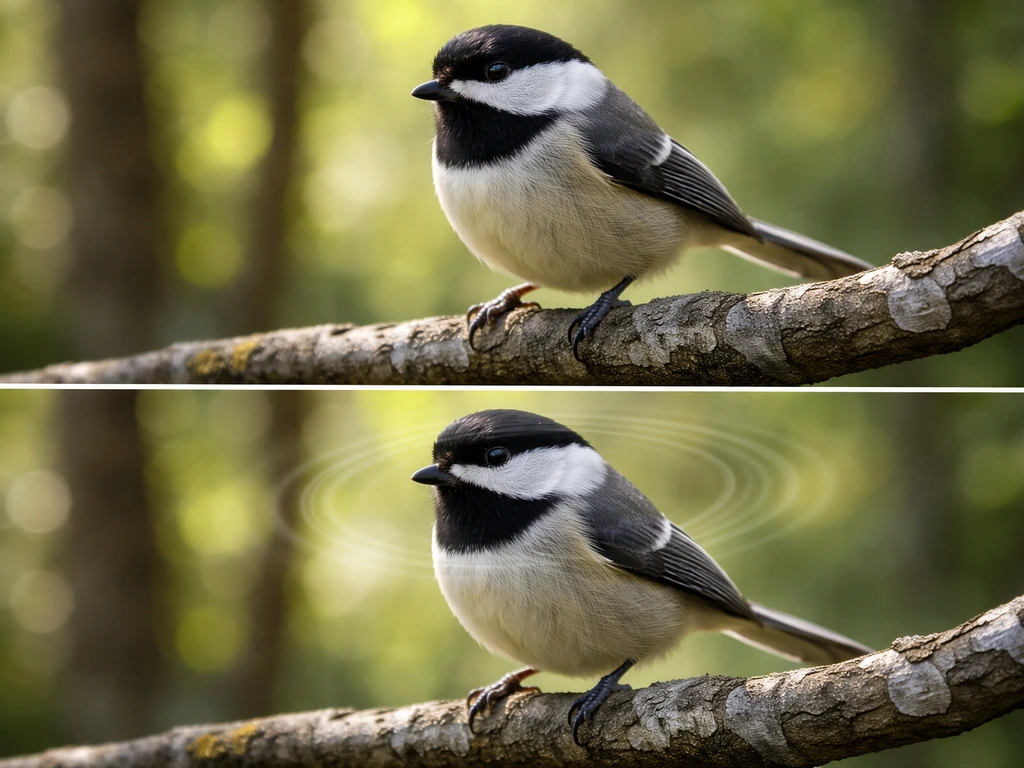Daylit songbird on a branch with subtle split emphasis on sharp eye vision and nearby faint sound effect.