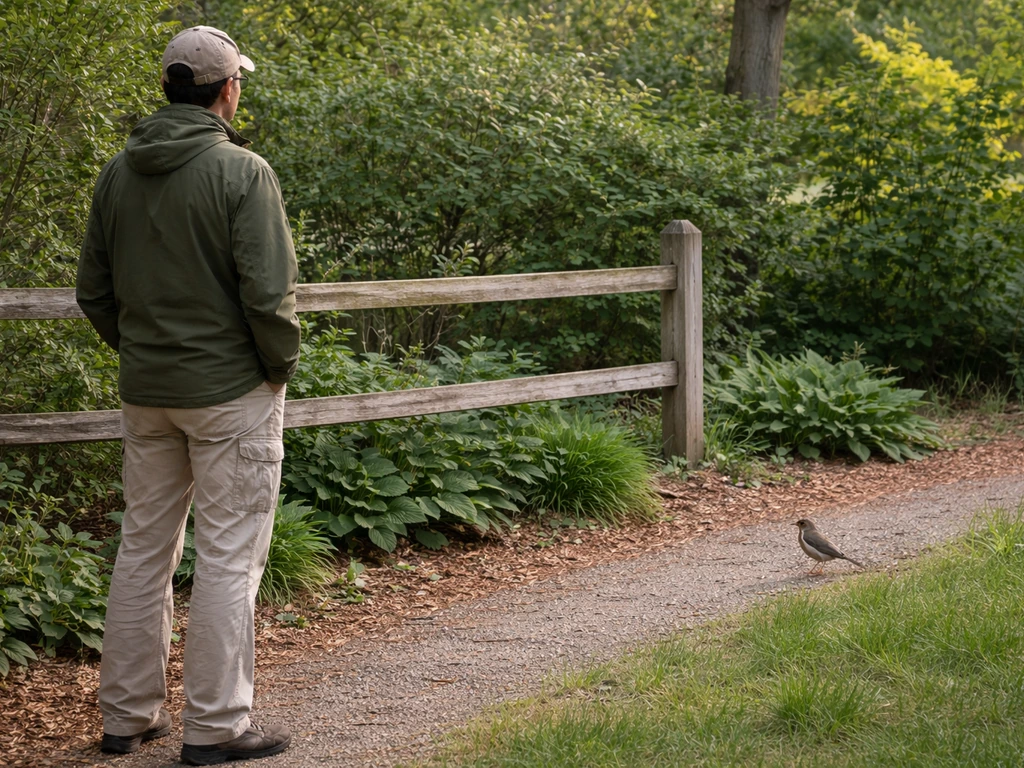 Person calmly watching a wild bird from a safe distance behind a fence, no crowding or stress.