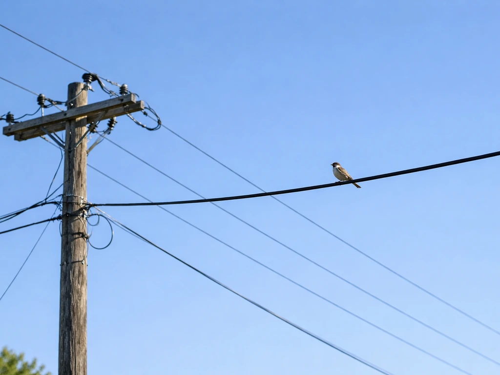 Bird perched on a single overhead power line with a utility pole in the background, safe-looking scene.