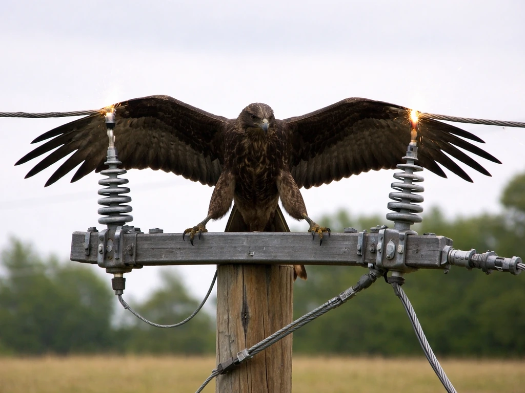 Large raptor perched between two separated wires, bridging the gap with wings touching both conductors.
