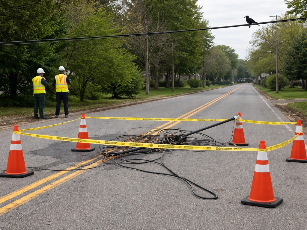 Marked-off area near downed power lines with a distant bird and utility workers in the background