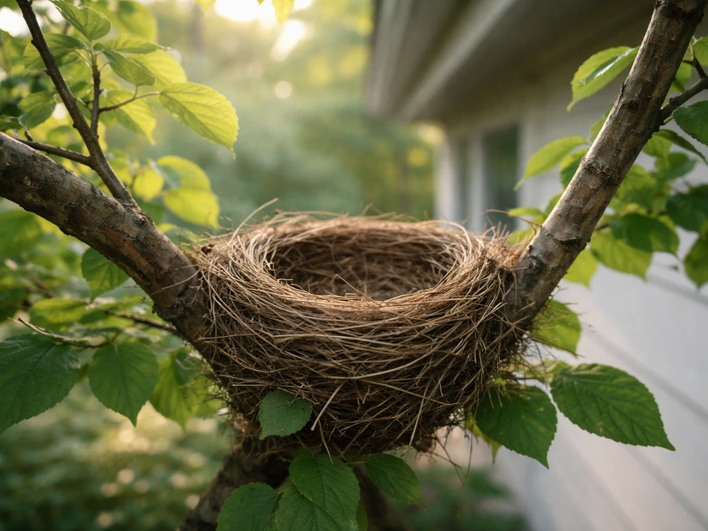 Close-up of an undisturbed bird nest nestled in leaves near a home eave, no birds or damage visible.