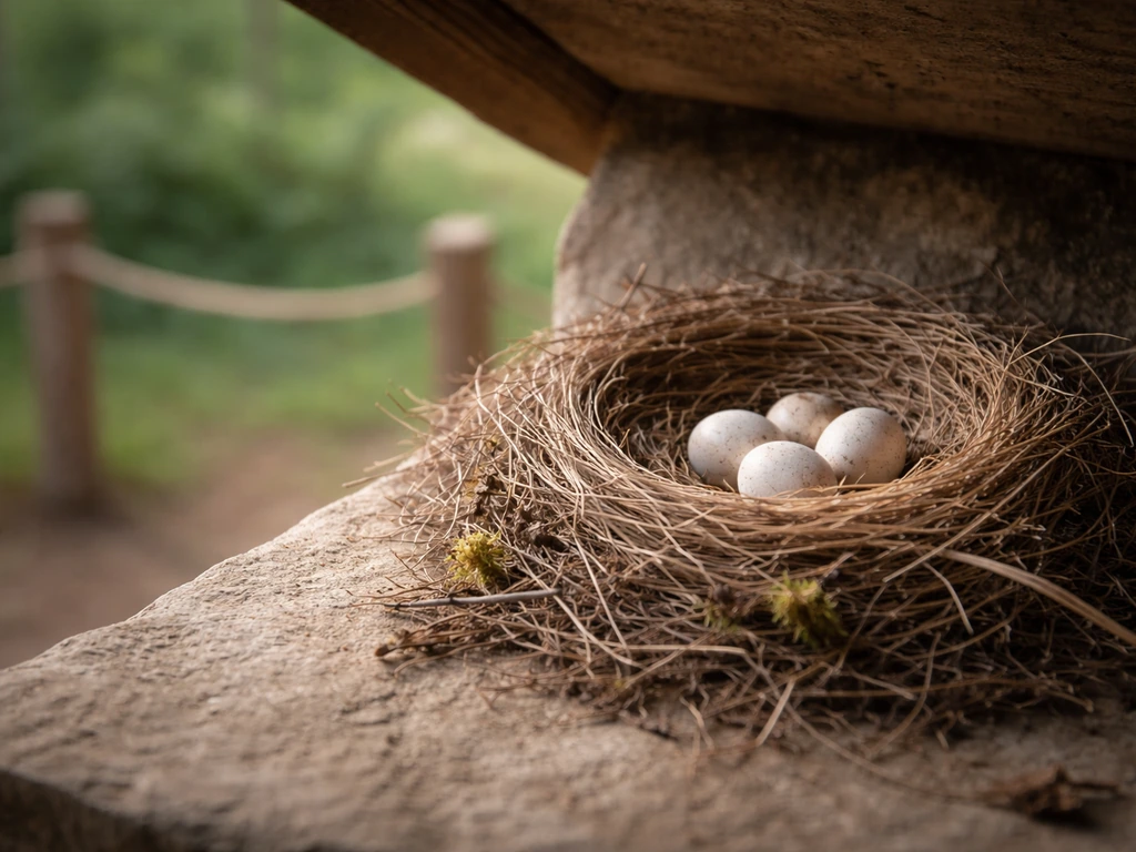 Close view of an undisturbed bird nest with eggs resting safely near a simple rope fence line.
